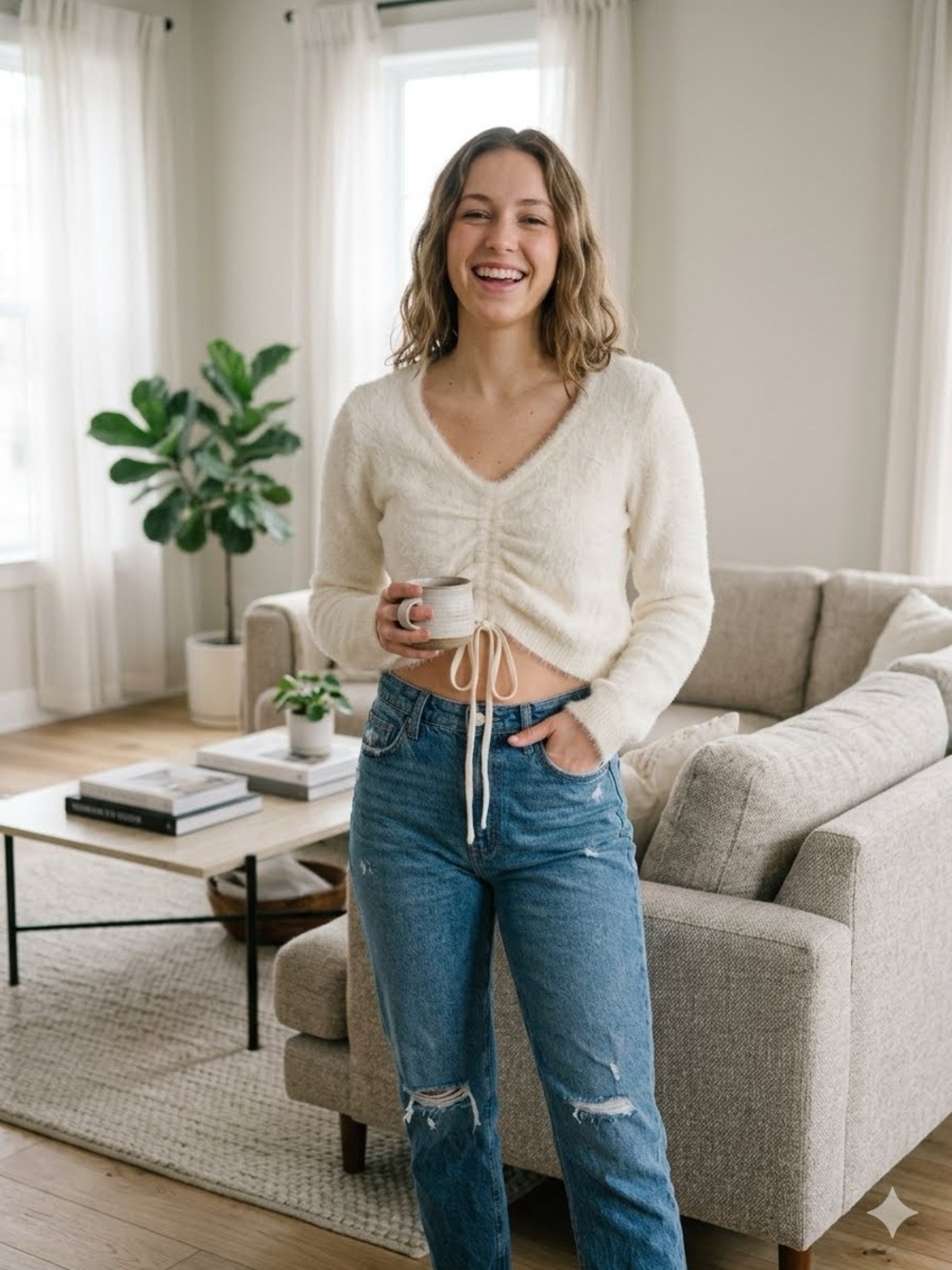 LUSH Cozy Drawstring V-Neck Cropped Sweater - Cream